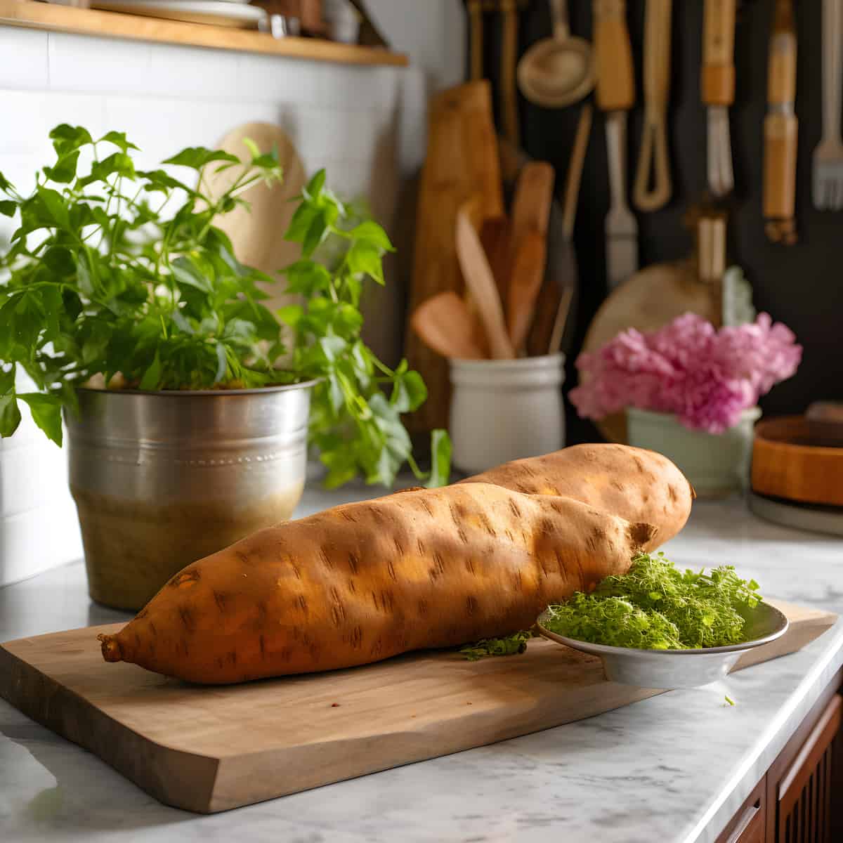 Orlis Sweet Potatoes on a kitchen counter
