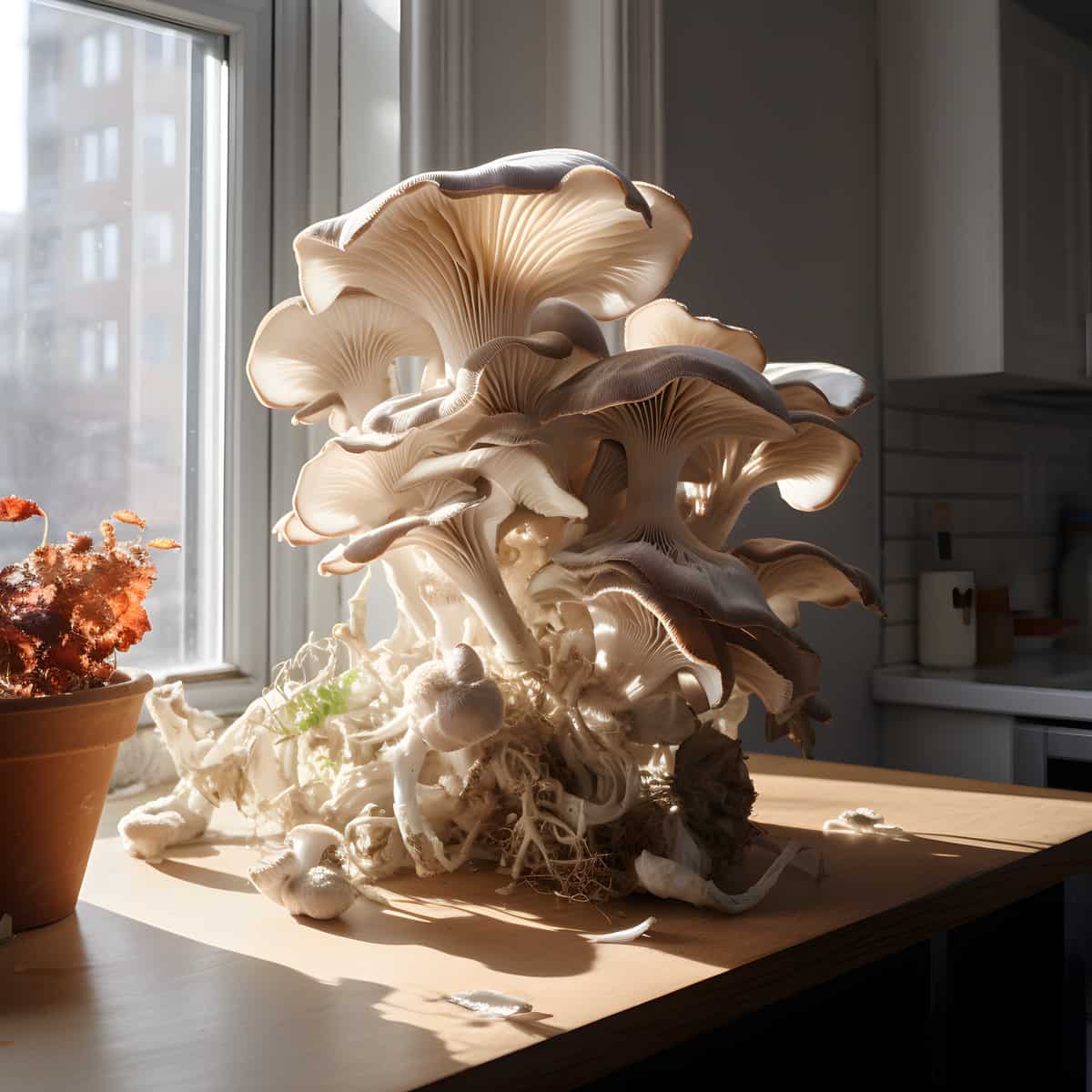 Oyster Mushrooms on a kitchen counter
