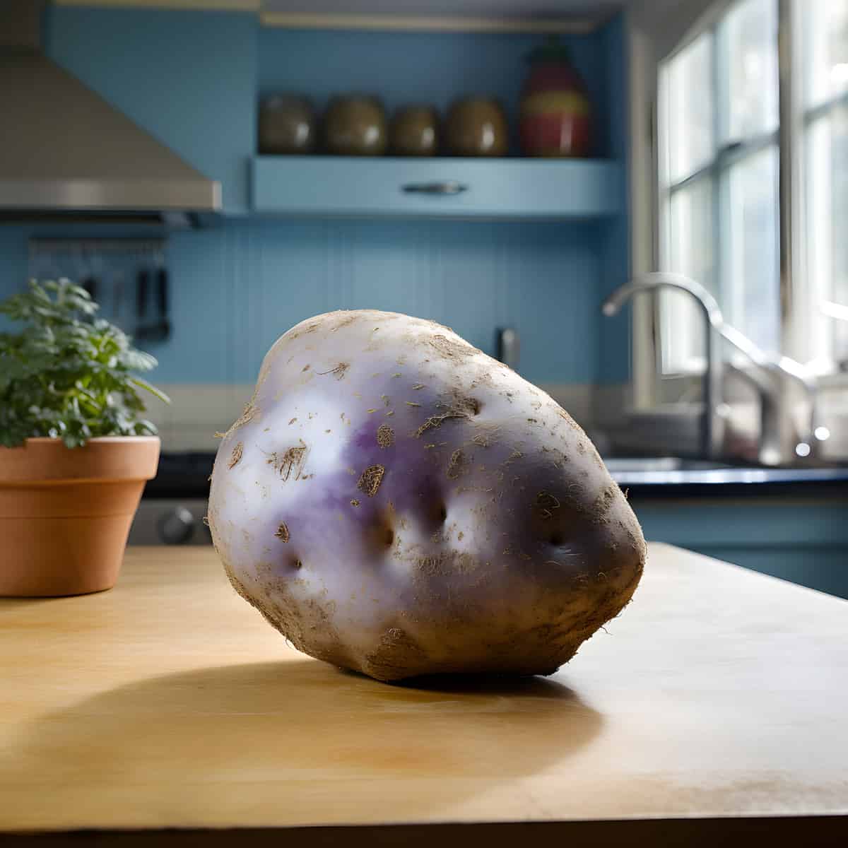 Peruanische Blaue Potatoes on a kitchen counter