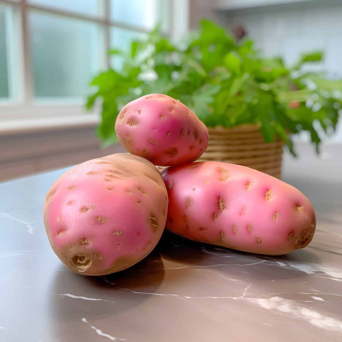 Pink Fir Apple Potatoes on a kitchen counter