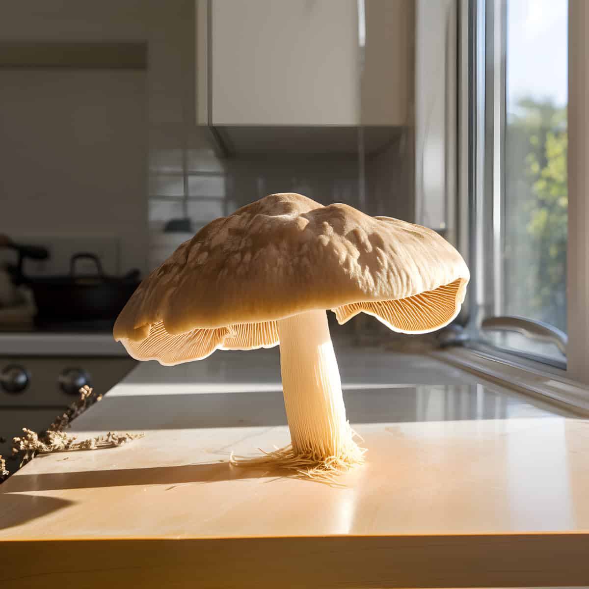 Poplar Mushrooms on a kitchen counter
