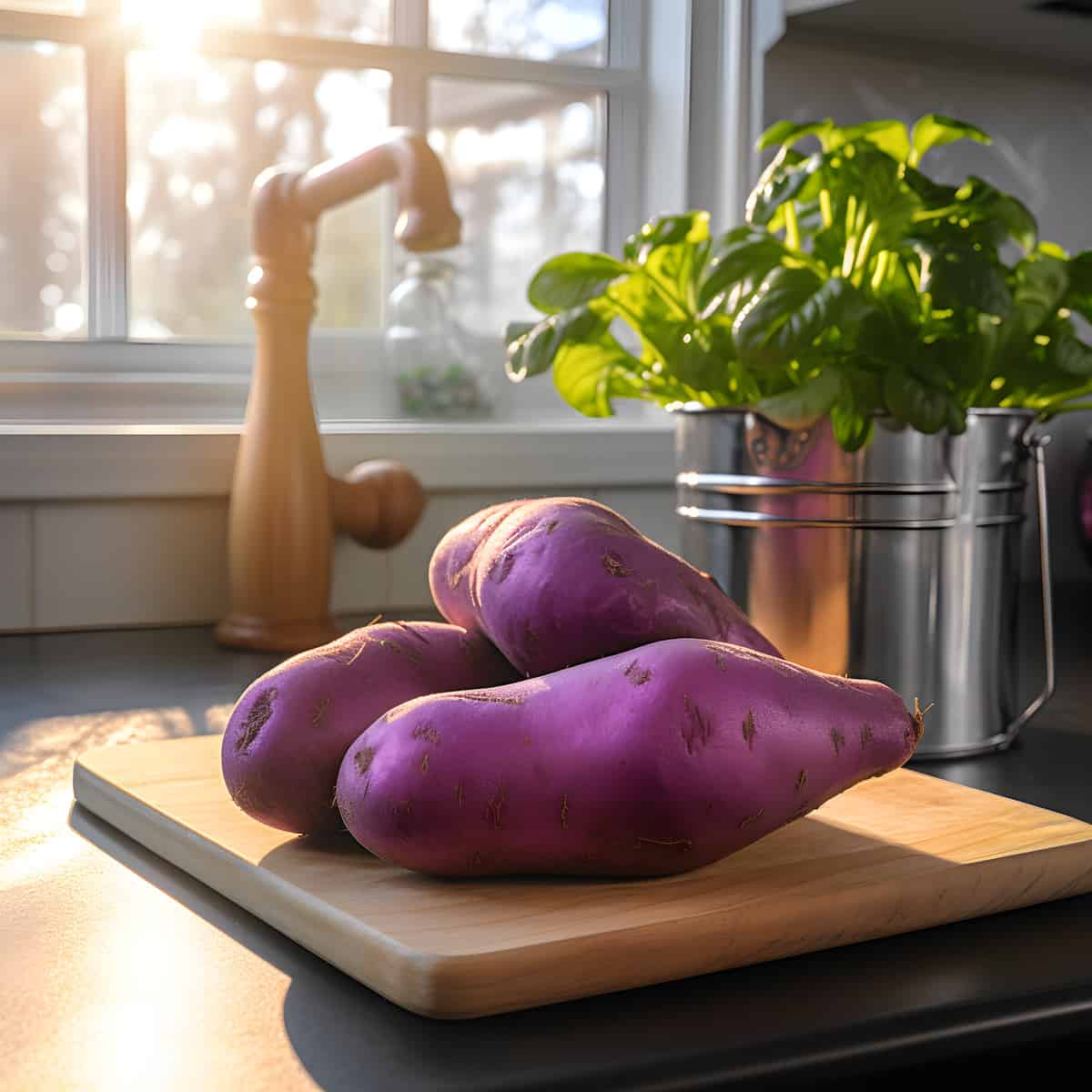 Purple Dawn Sweet Potatoes on a kitchen counter