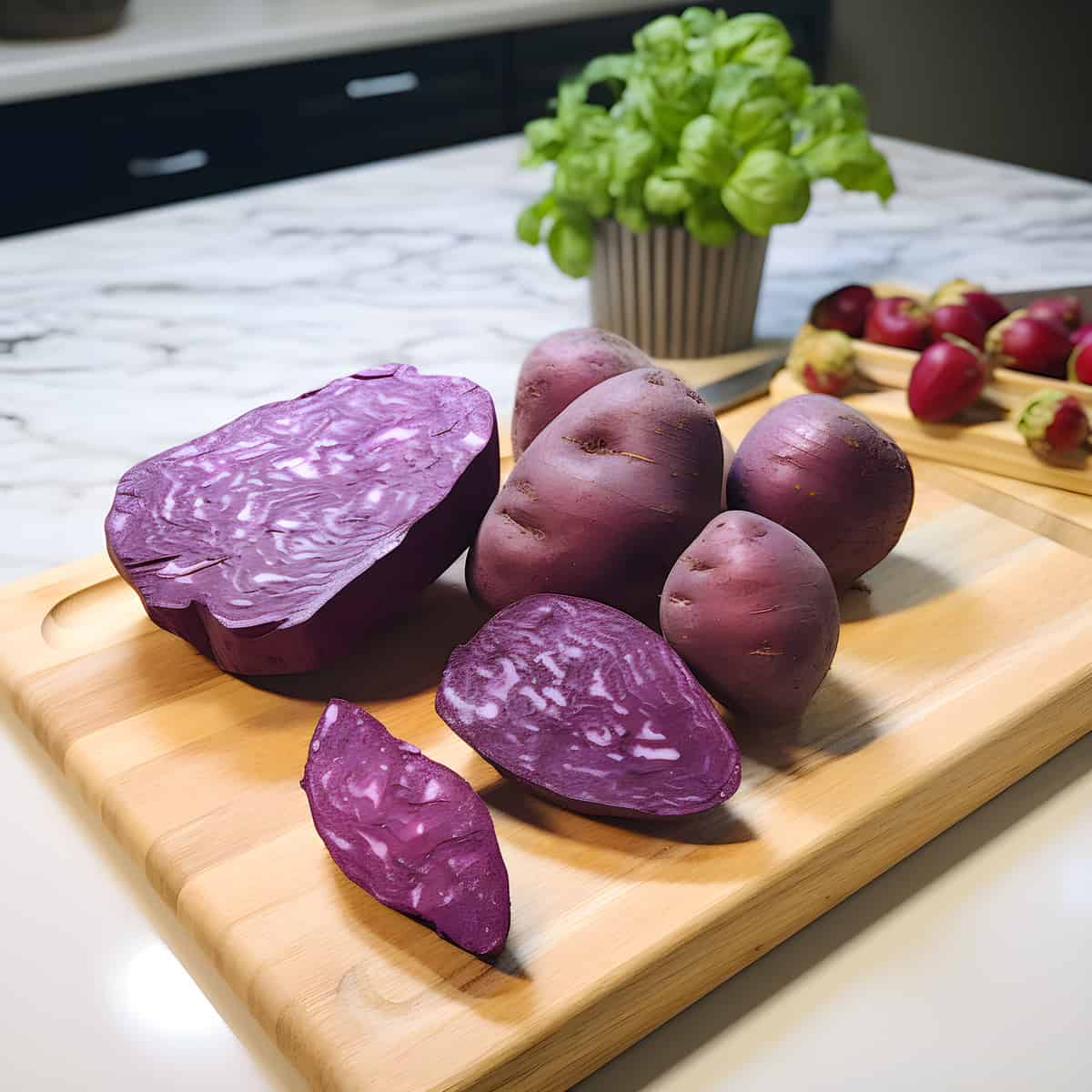 Purple Heart Or Okinawa Sweet Potatoes on a kitchen counter