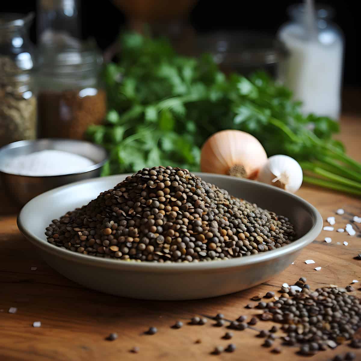 Puy Lentils on a kitchen counter