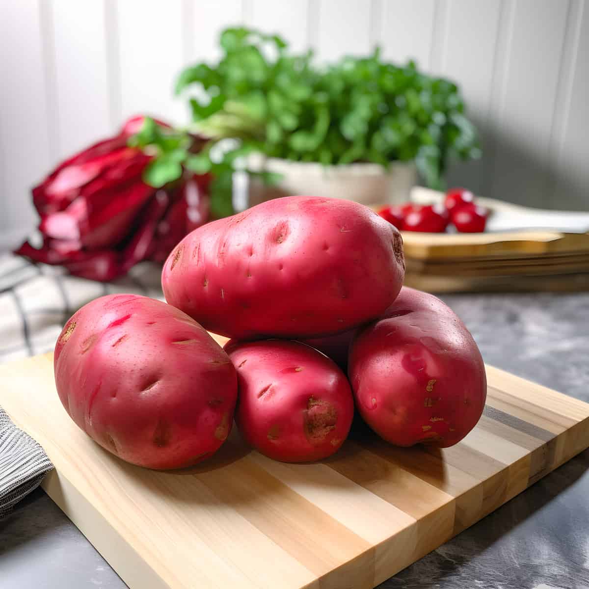 Red Britain Potatoes on a kitchen counter