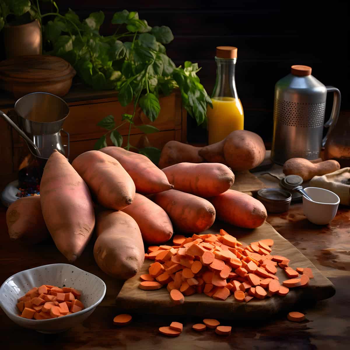 Redgold Or Okla Sweet Potatoes on a kitchen counter