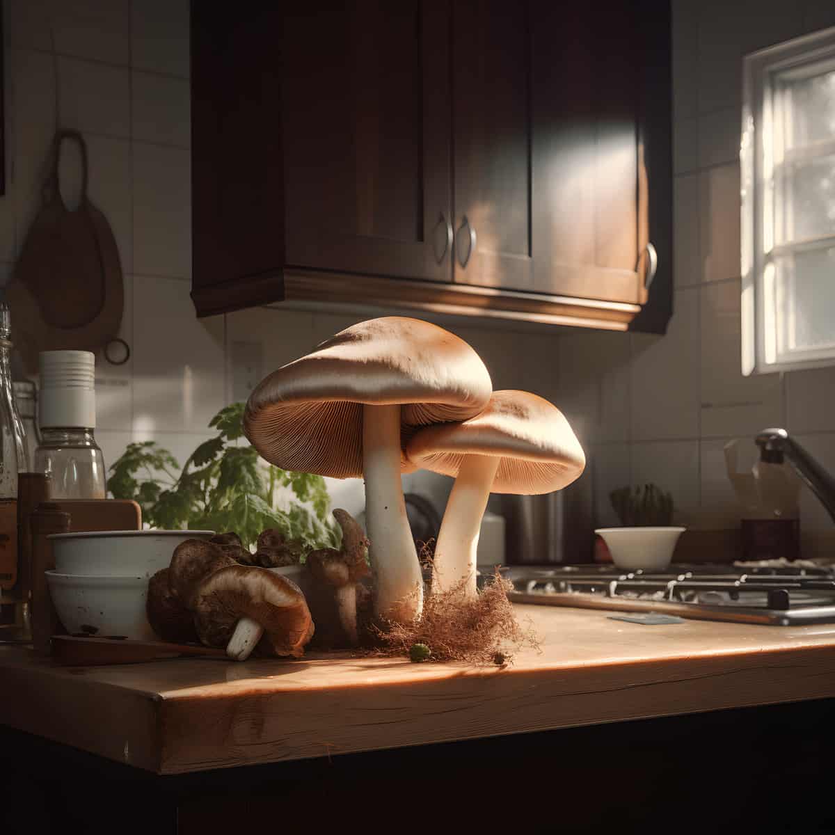 Roman Brown Mushrooms on a kitchen counter