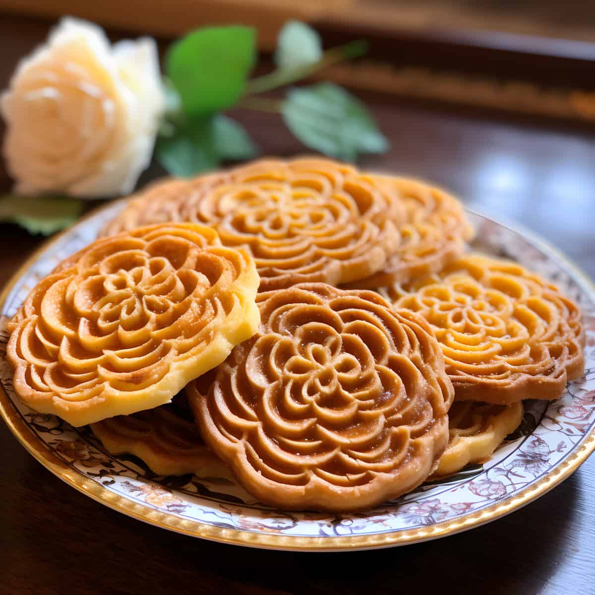 Rosette Cookies on a kitchen counter