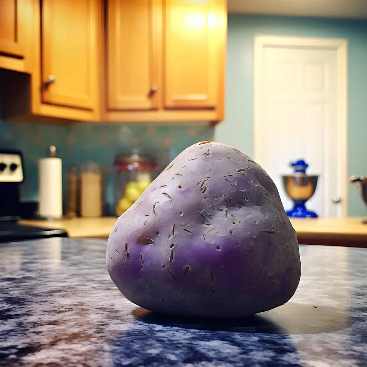 Russian Blue Potatoes on a kitchen counter