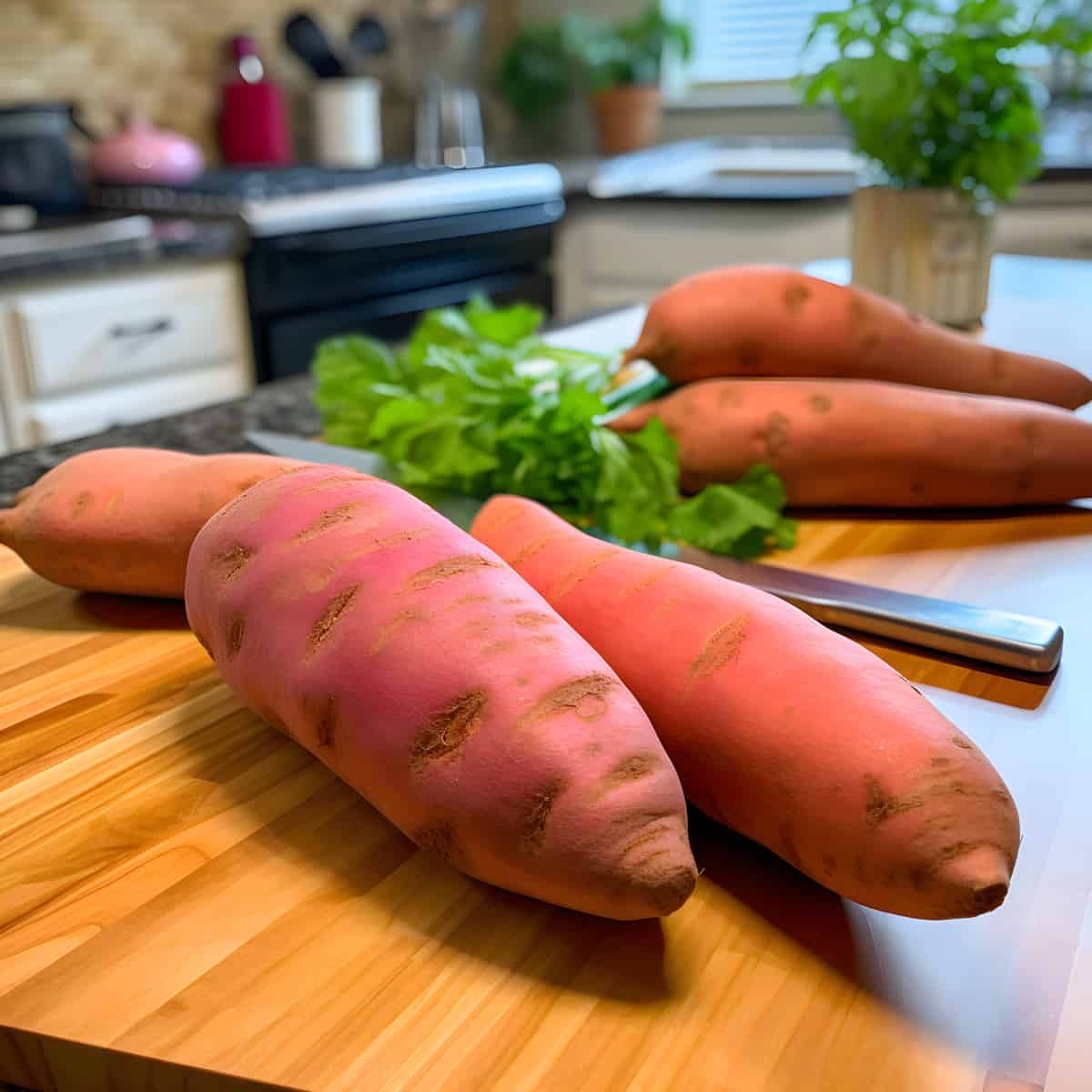 Scarlet Sweet Potatoes on a kitchen counter