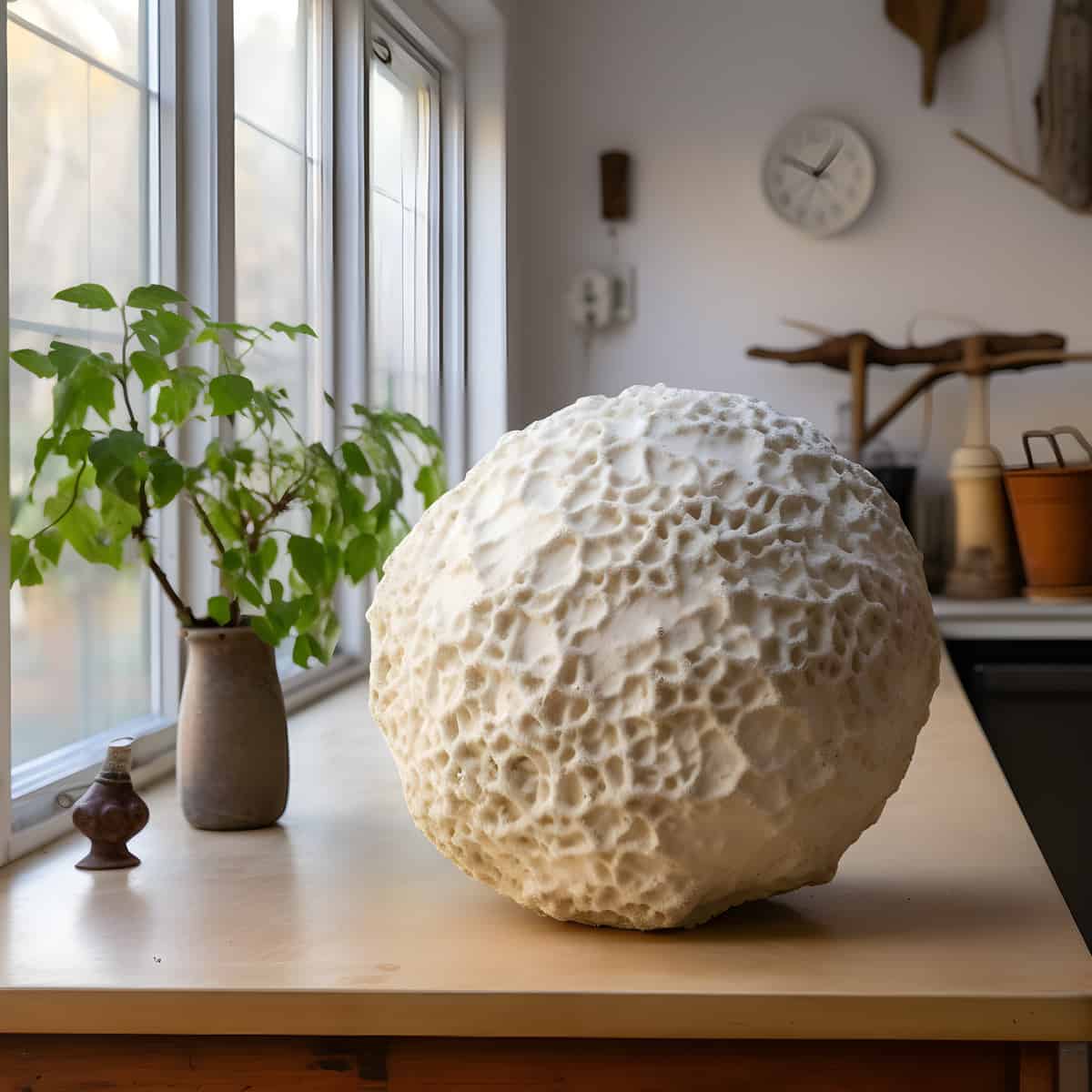 Sculptured Giant Puffballs on a kitchen counter