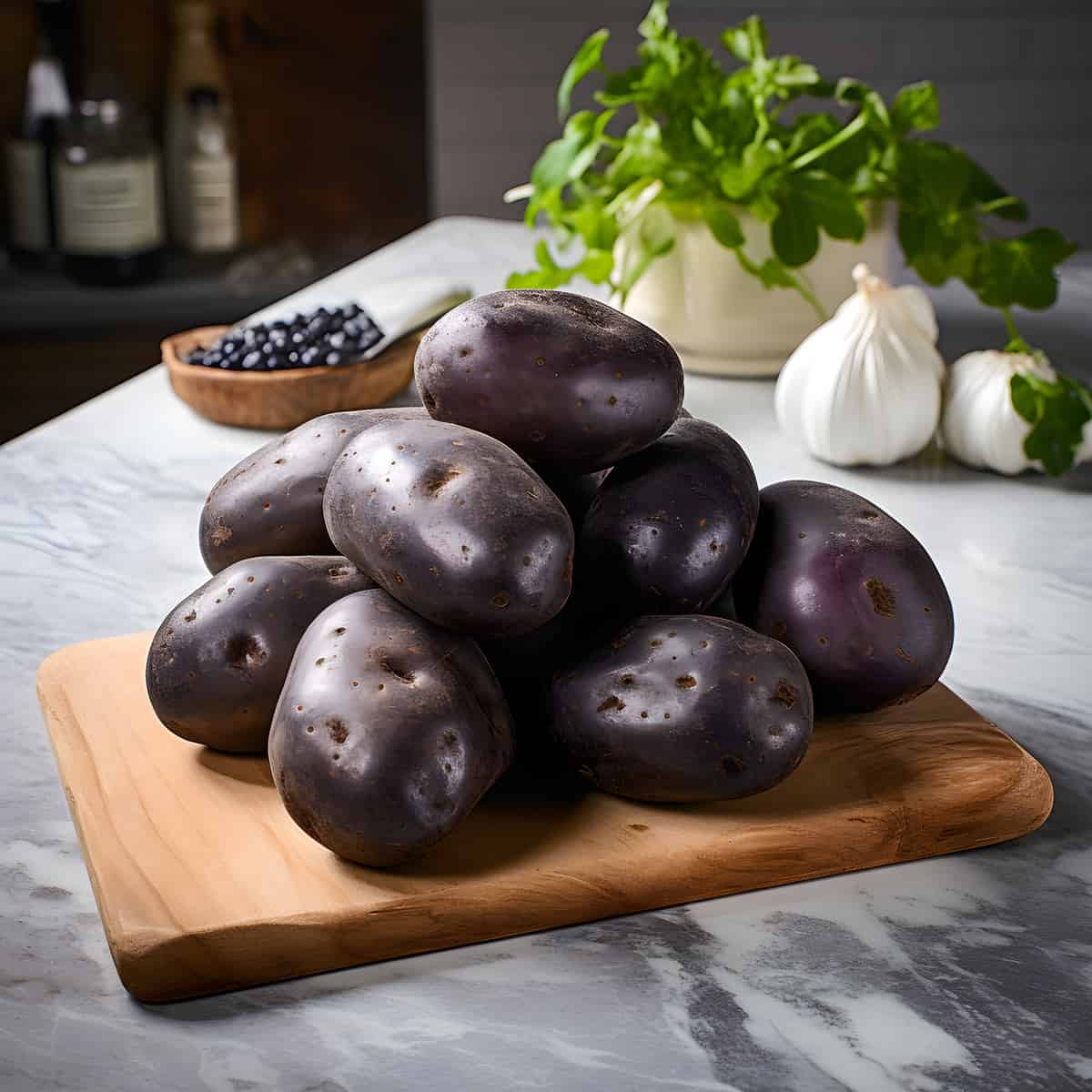 Shetland Black Potatoes on a kitchen counter