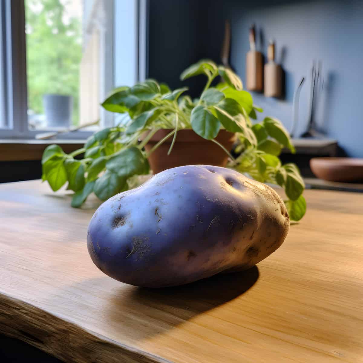 Svenungas Blaue Potatoes on a kitchen counter