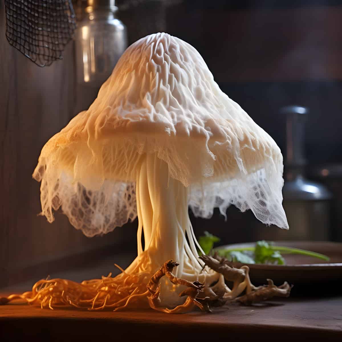 Veiled Lady Mushroom on a kitchen counter