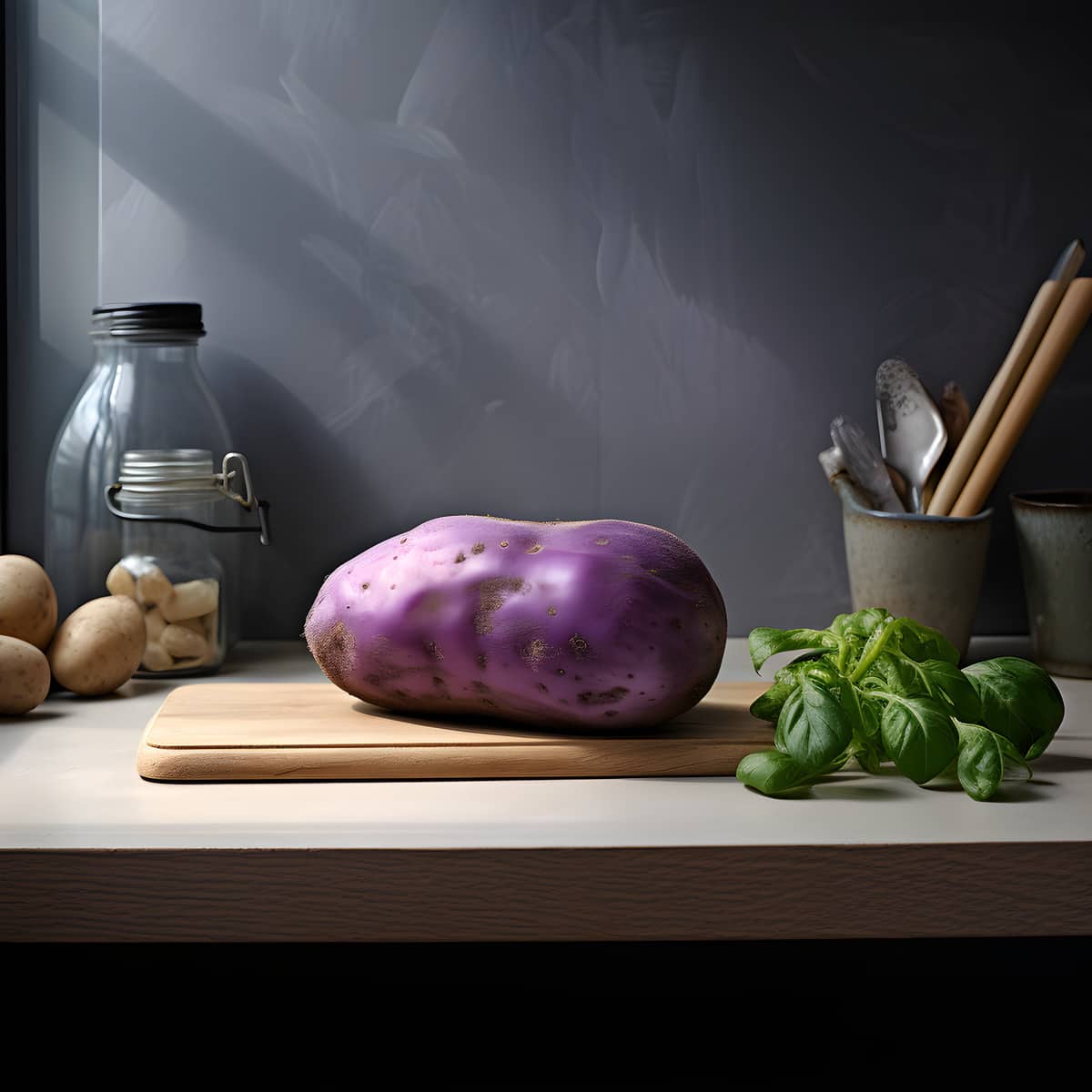 Vitelotte Potatoes on a kitchen counter