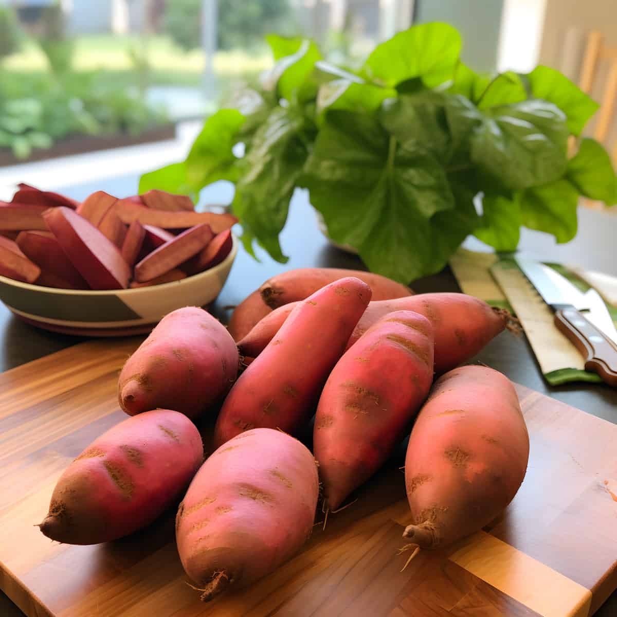 Waimanalo Red Sweet Potatoes on a kitchen counter