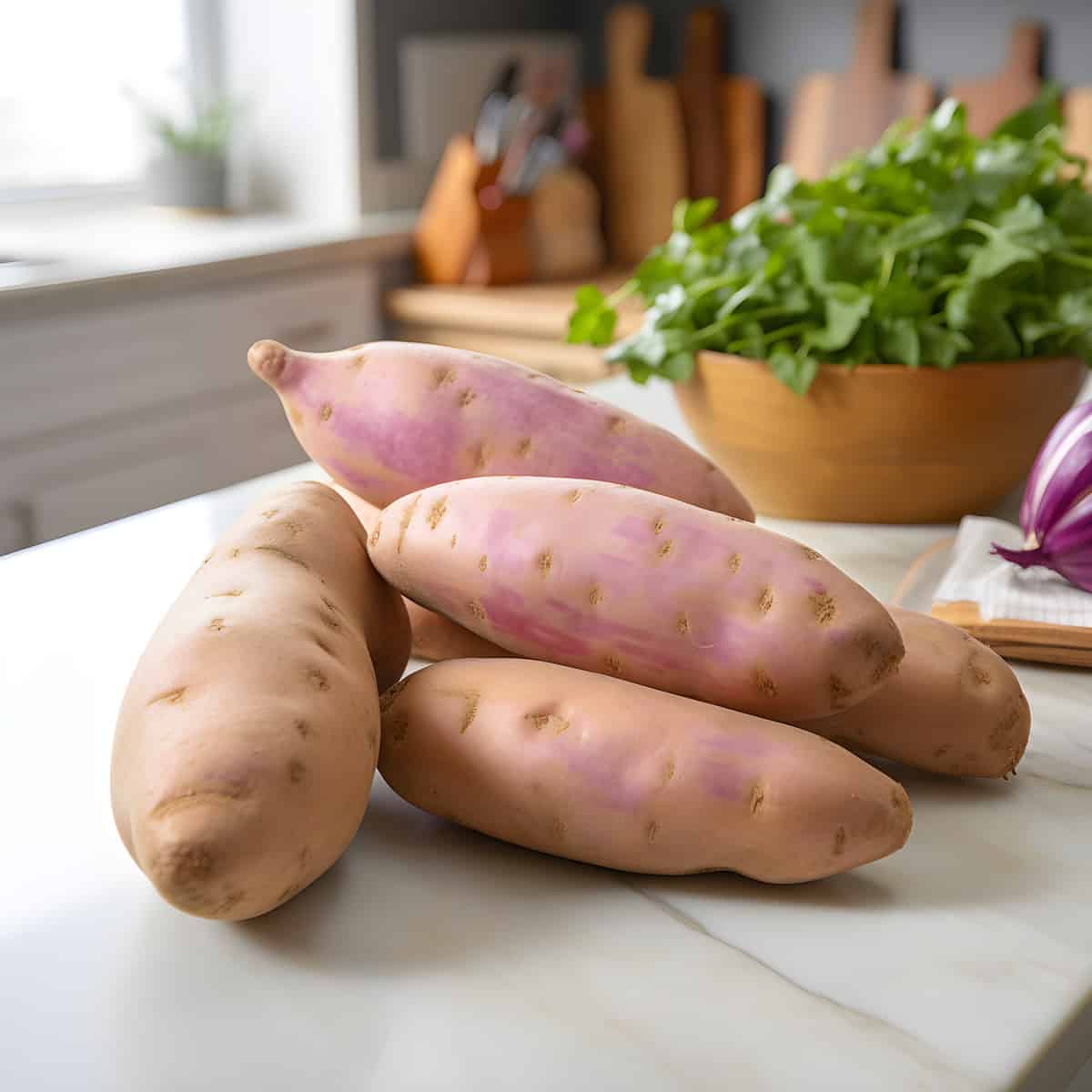 White Delite Sweet Potatoes on a kitchen counter