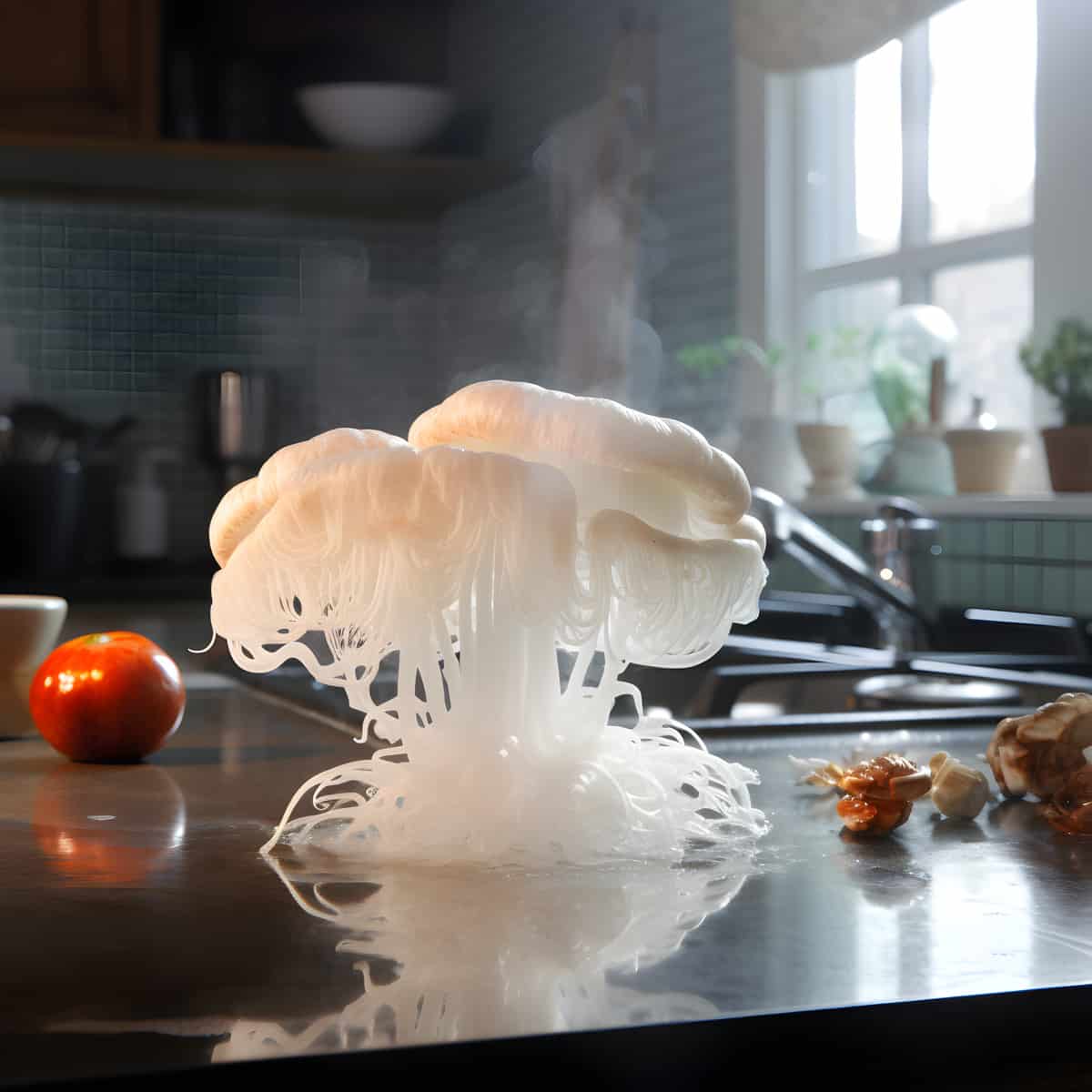 White Jelly Mushrooms on a kitchen counter