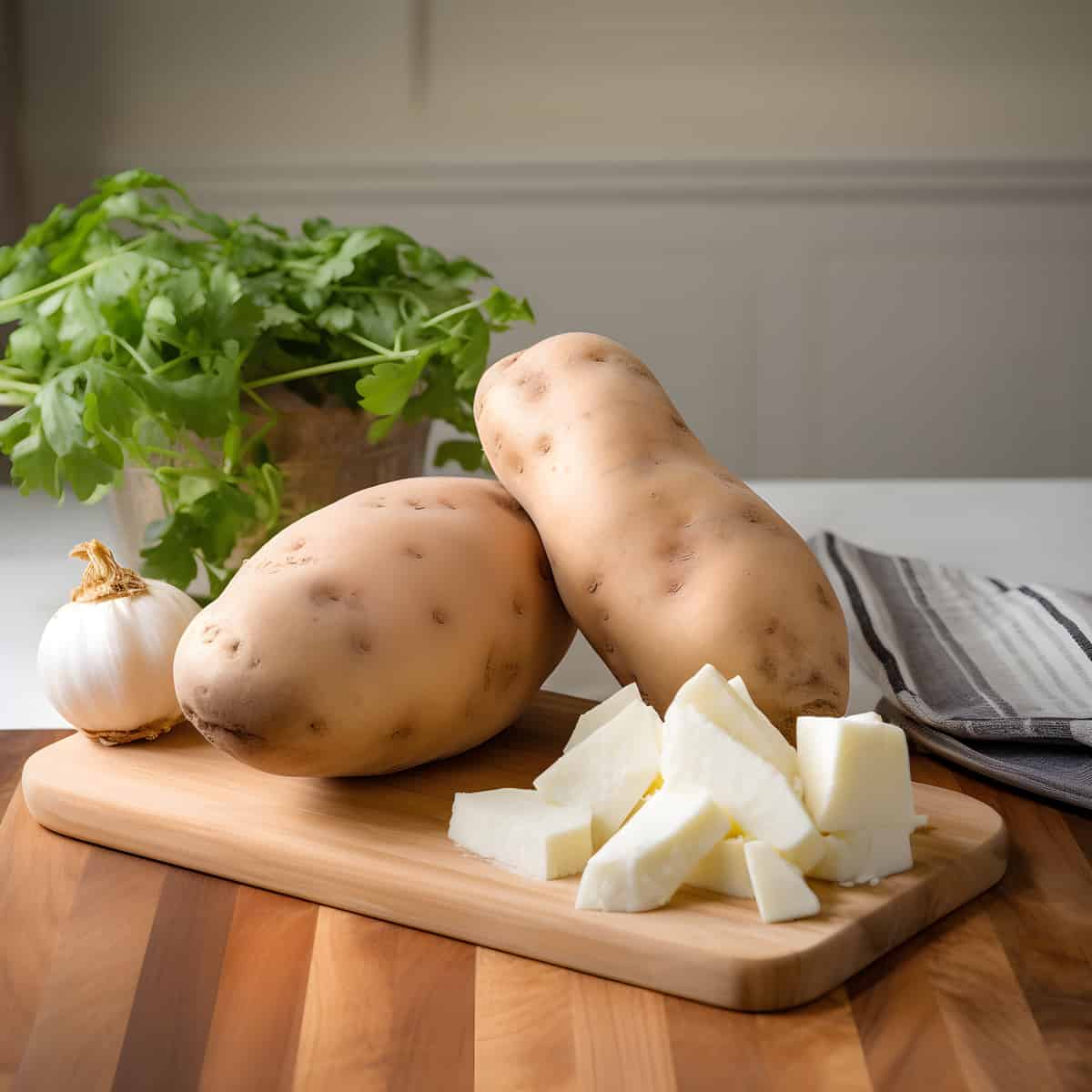 White Triumph Sweet Potatoes on a kitchen counter