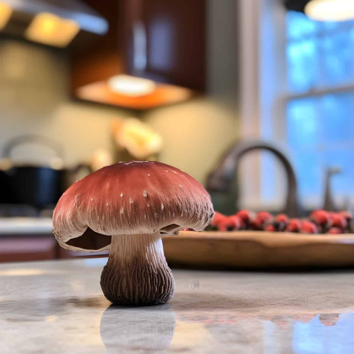 Wine Cap Mushrooms on a kitchen counter