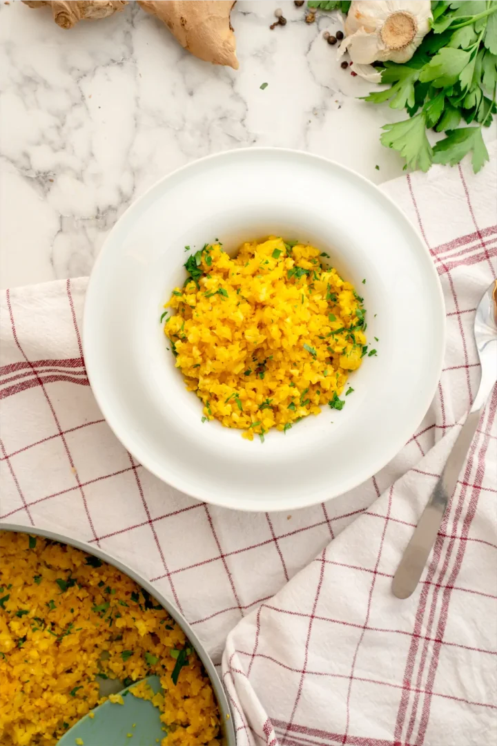 Keto rice recipe made with cauliflower.