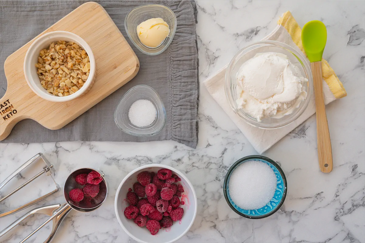 Ingredients made ready on kitchen table for cottage cheese ice cream recipe.