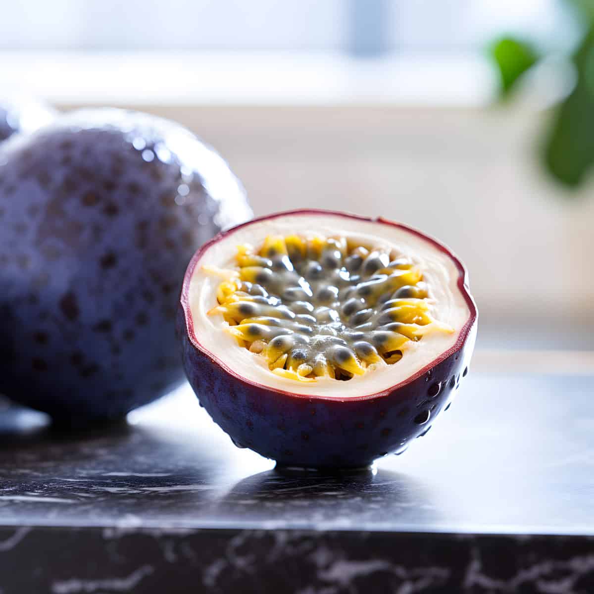 Blue Passionfruit on a kitchen counter