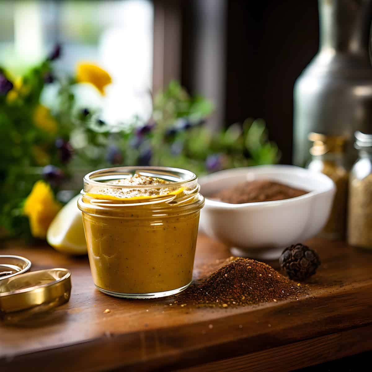Brown Mustard on a kitchen counter