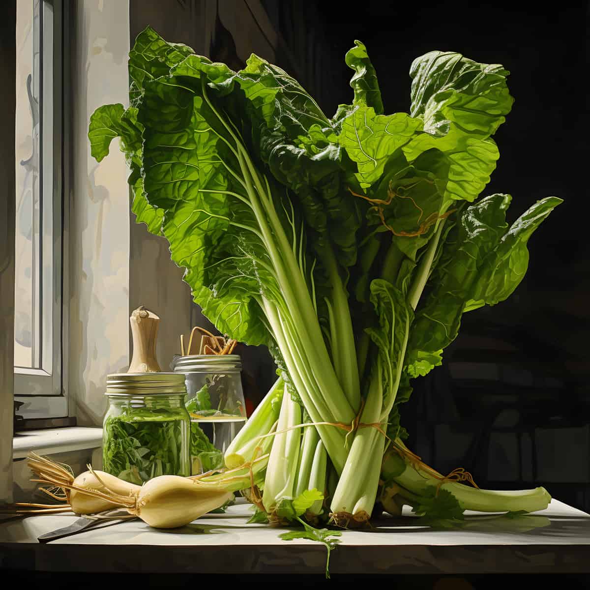 Celtuce on a kitchen counter