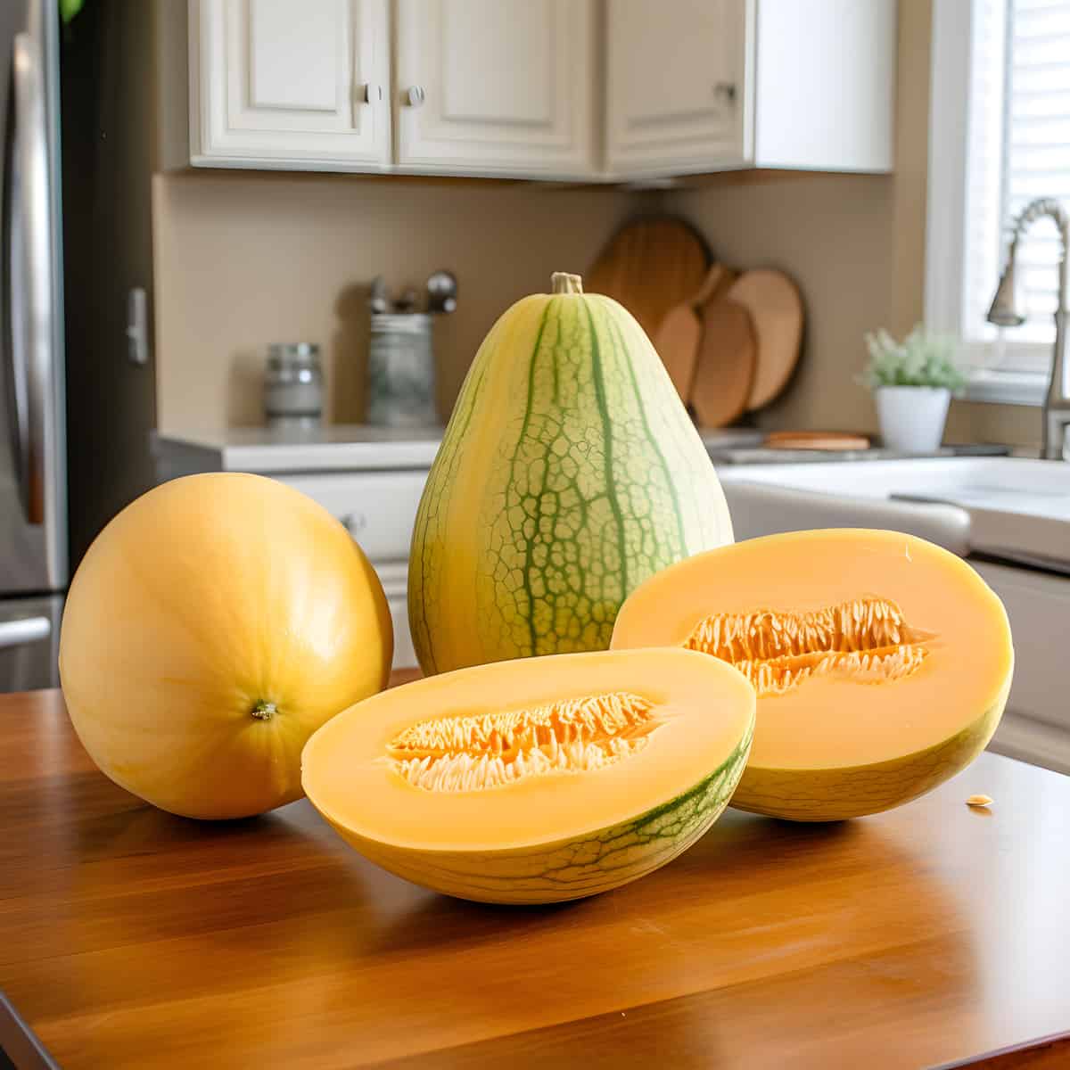 Crenshaw Melon on a kitchen counter