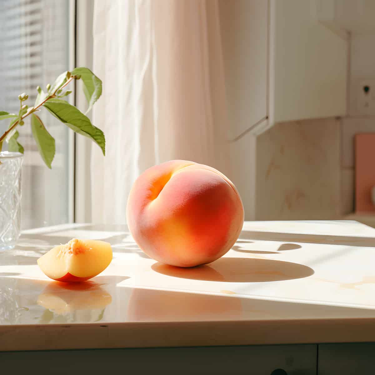 Davids Peach on a kitchen counter