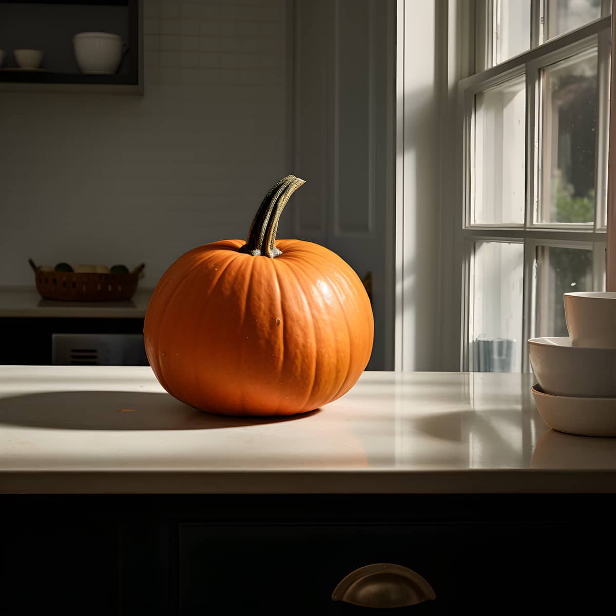 Dickinson Pumpkin on a kitchen counter