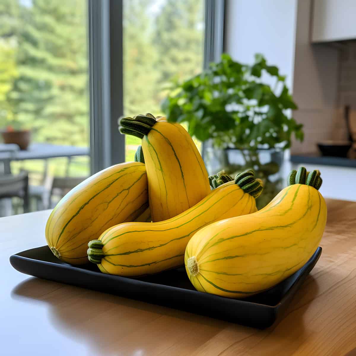Early Prolific Straightneck Squash on a kitchen counter