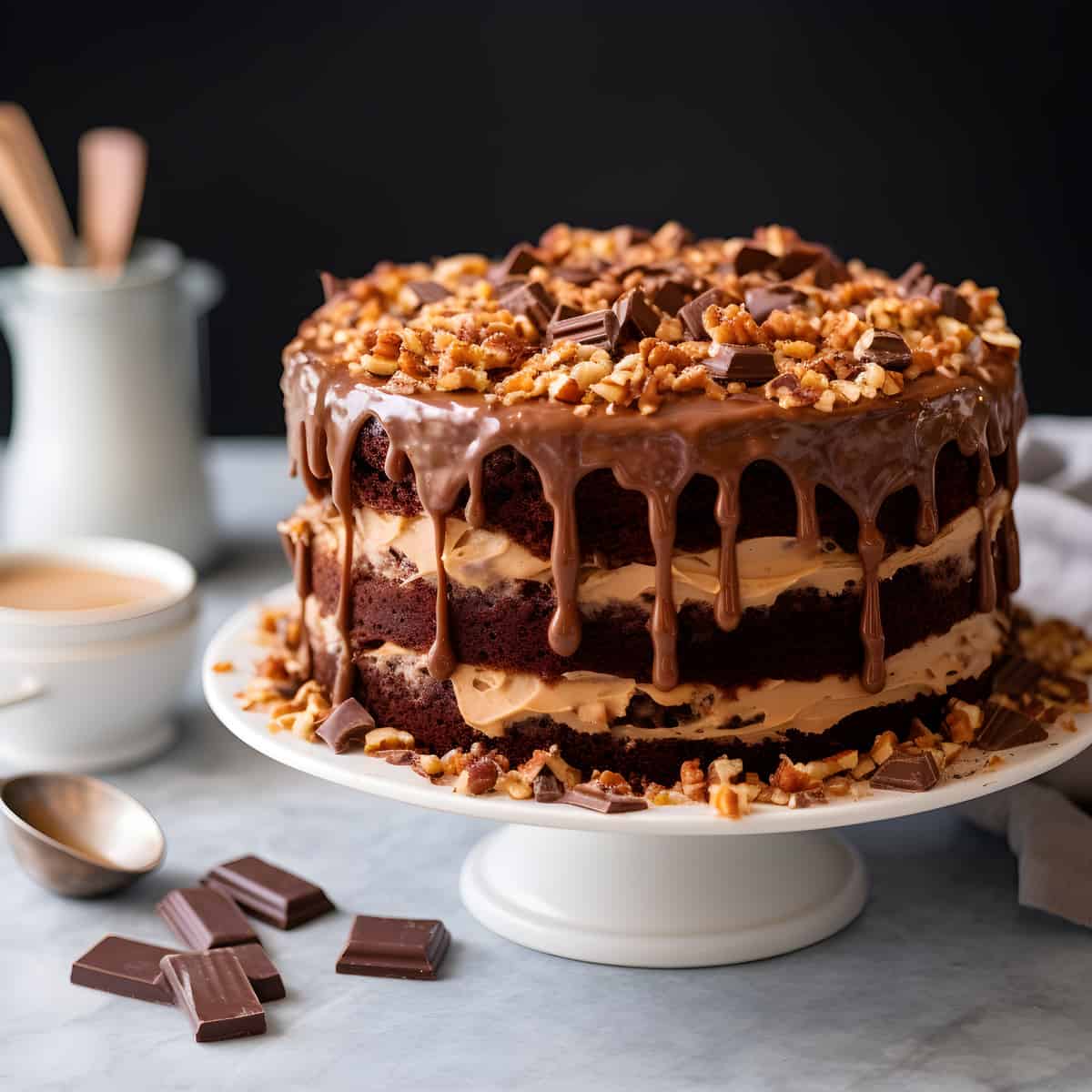 German Chocolate Cake on a kitchen counter