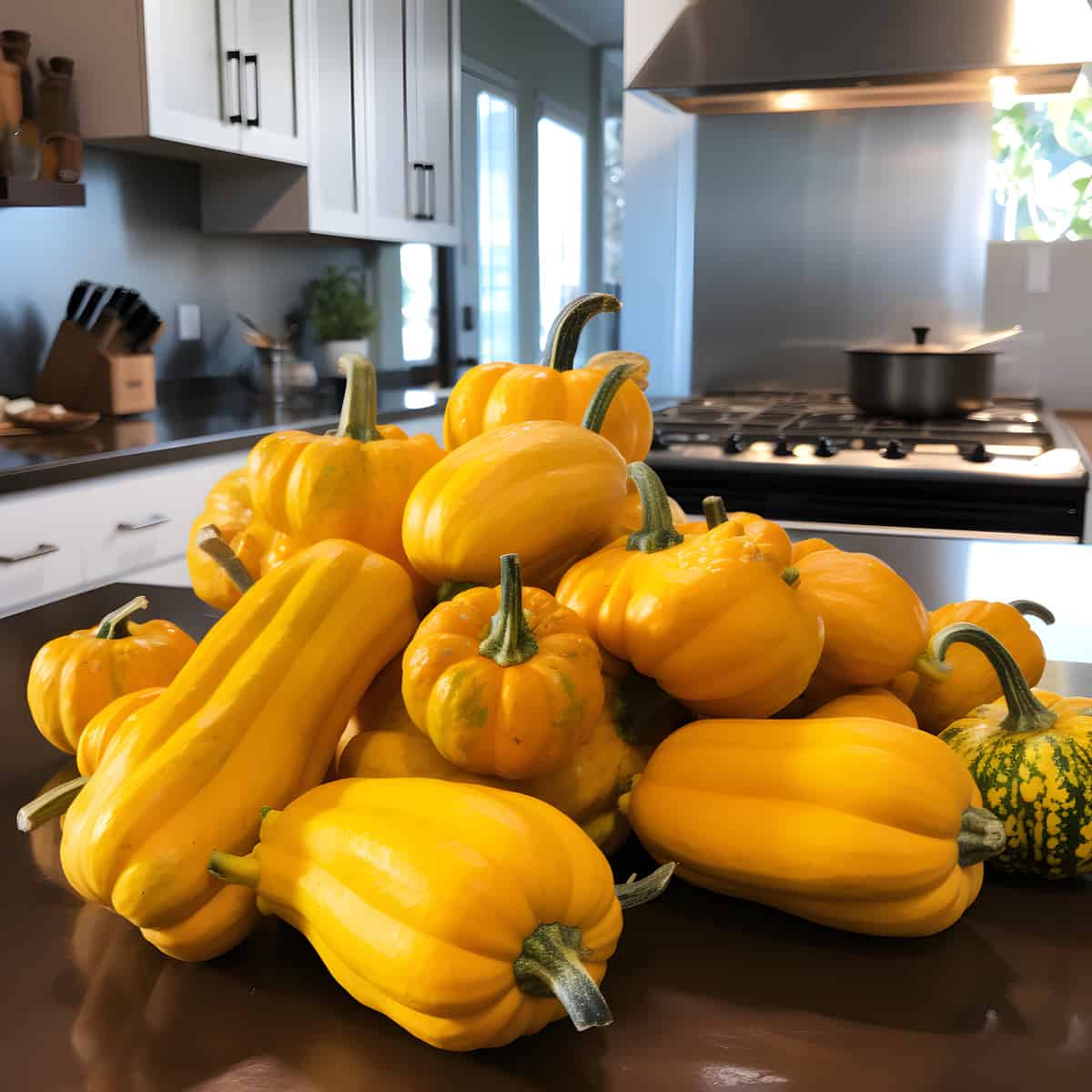 Gold Rush F Squash on a kitchen counter
