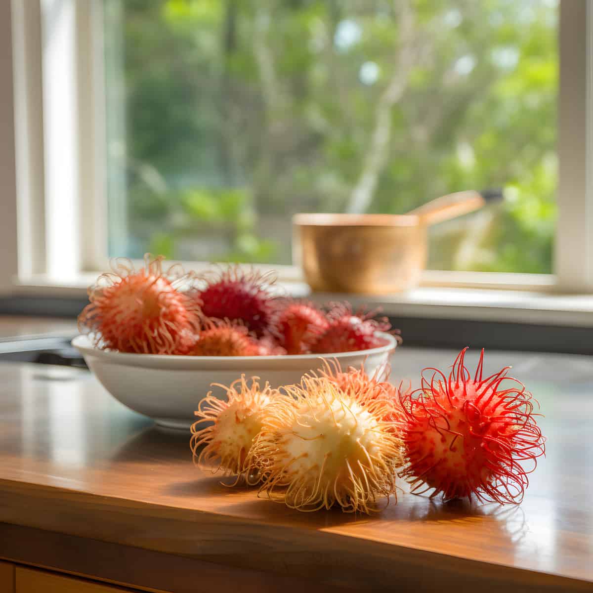 Hairless Rambutan on a kitchen counter