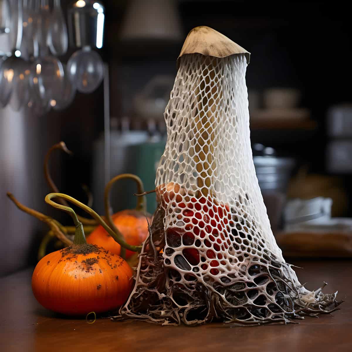 Long Net Stinkhorn on a kitchen counter