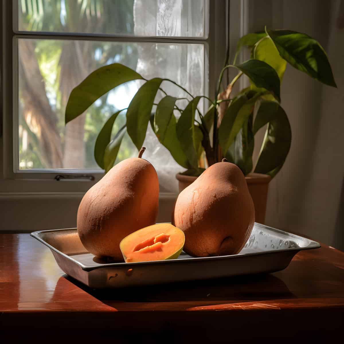 Mamey Sapote on a kitchen counter