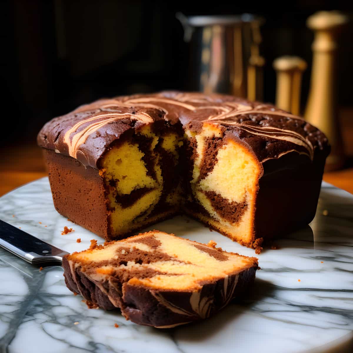 Marble Cake on a kitchen counter