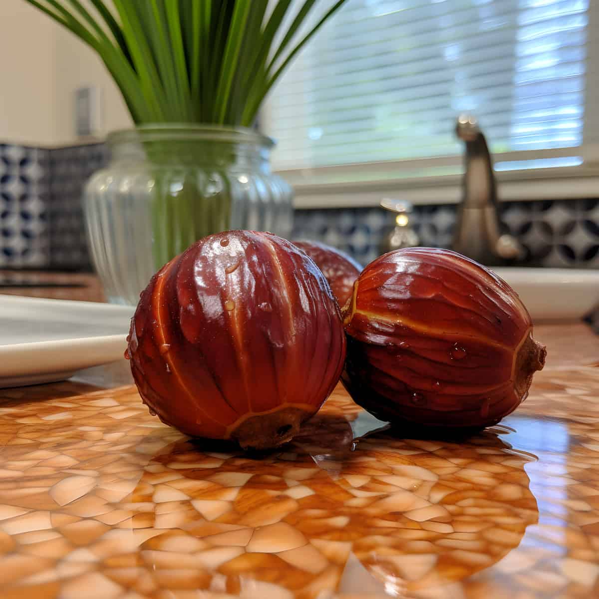 Moriche Palm Fruit on a kitchen counter