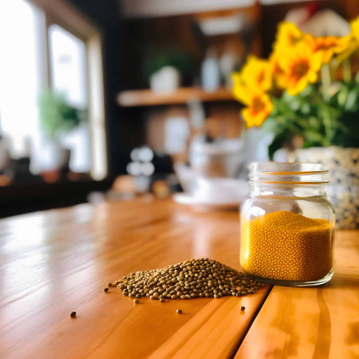 Mustard Seed on a kitchen counter