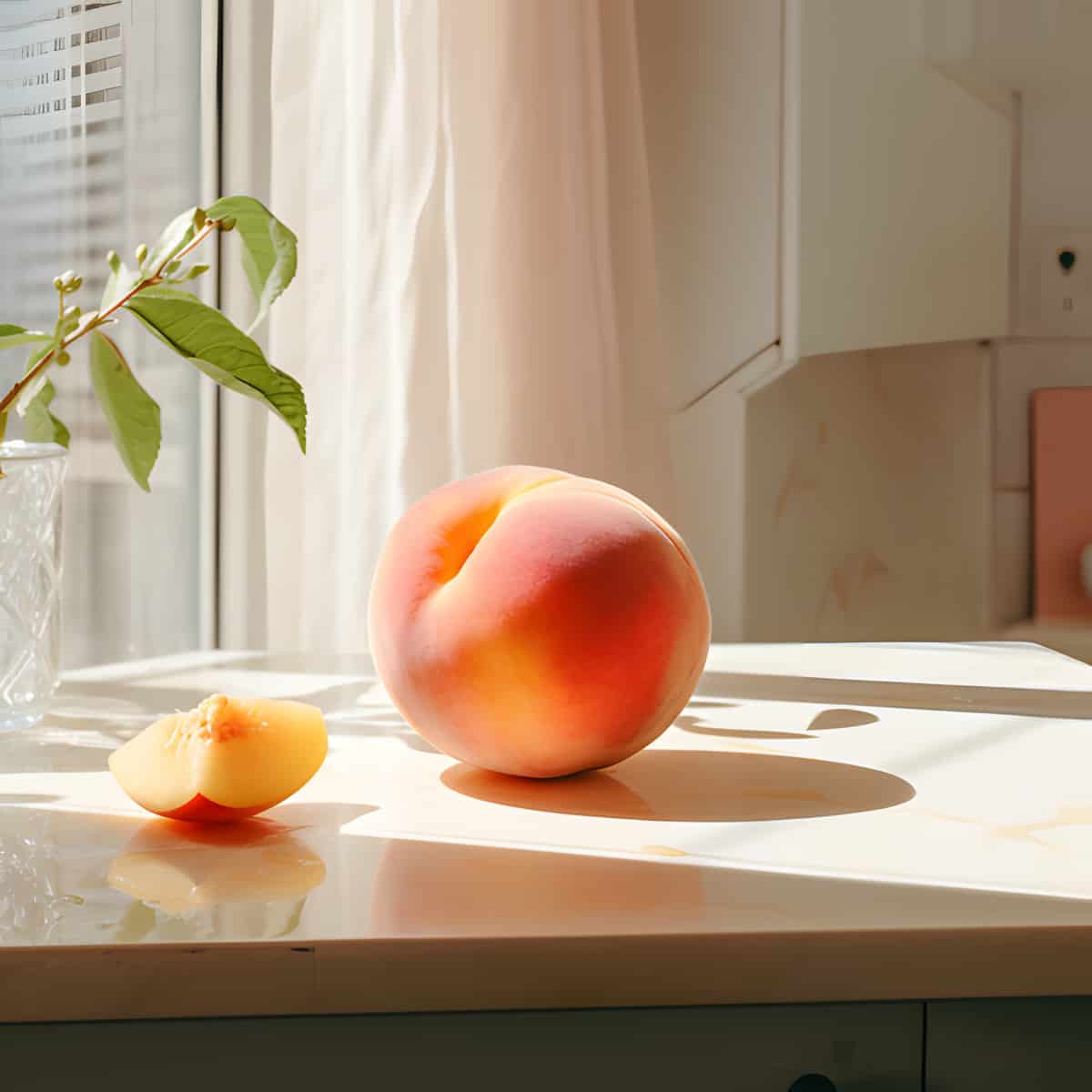 Peach on a kitchen counter