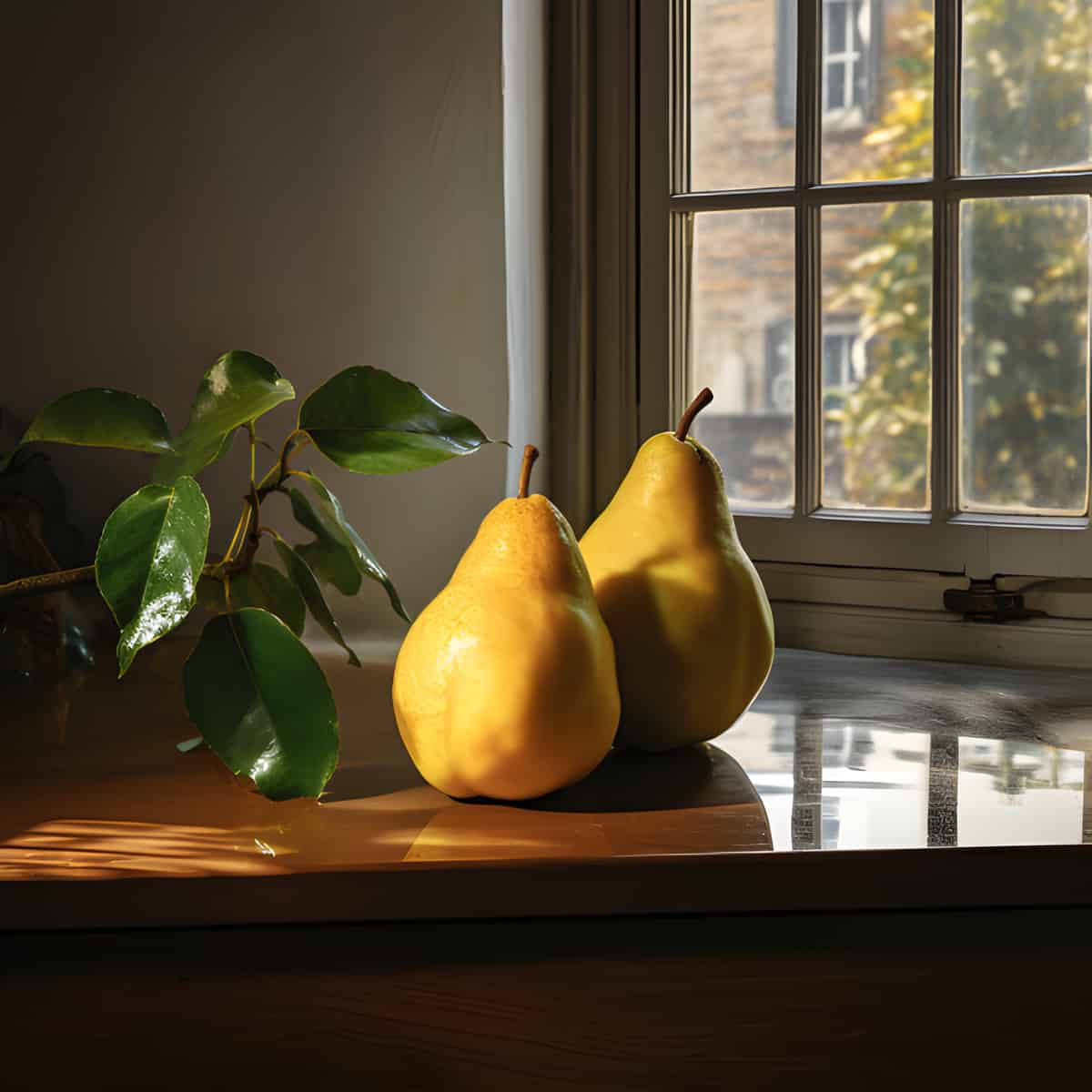 Pear on a kitchen counter