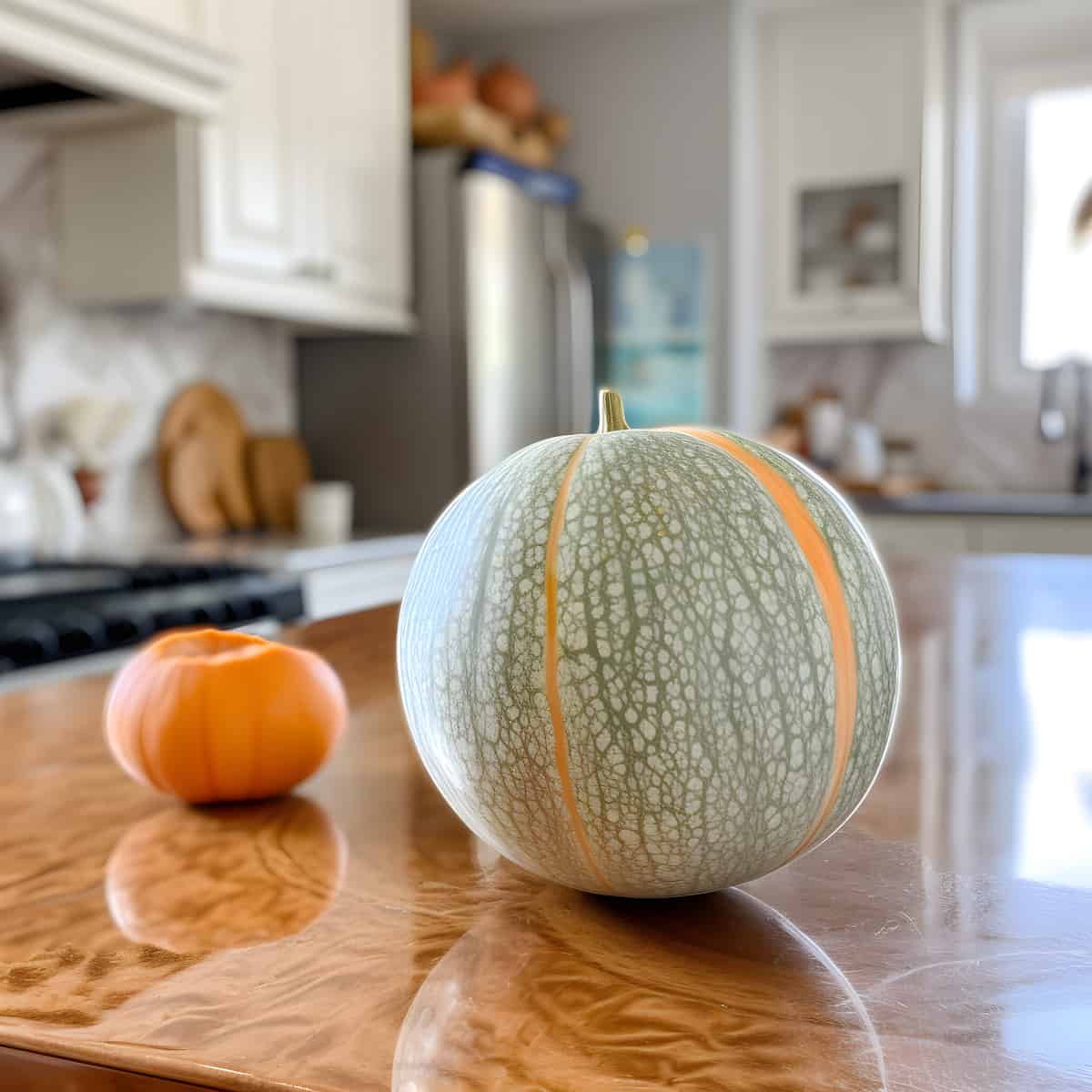 Persian Melon on a kitchen counter