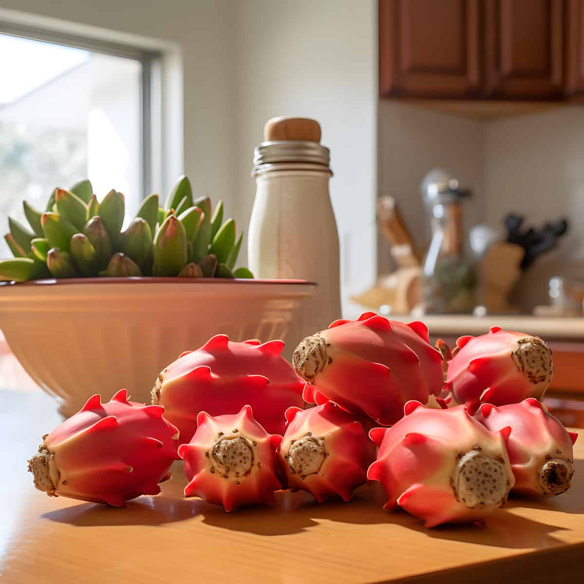 Peruvian Apple Cactus Fruit on a kitchen counter