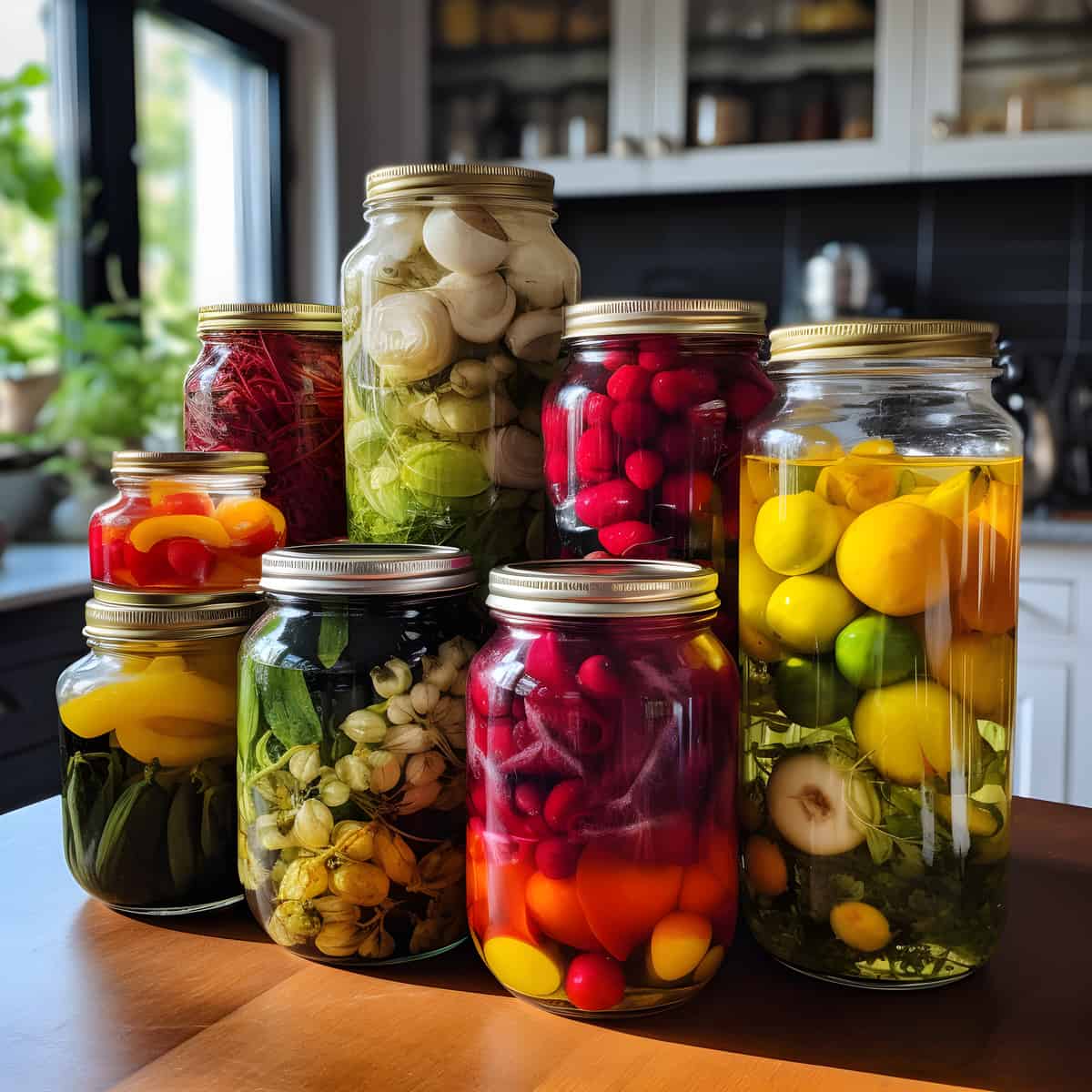 Pickled Fruit on a kitchen counter