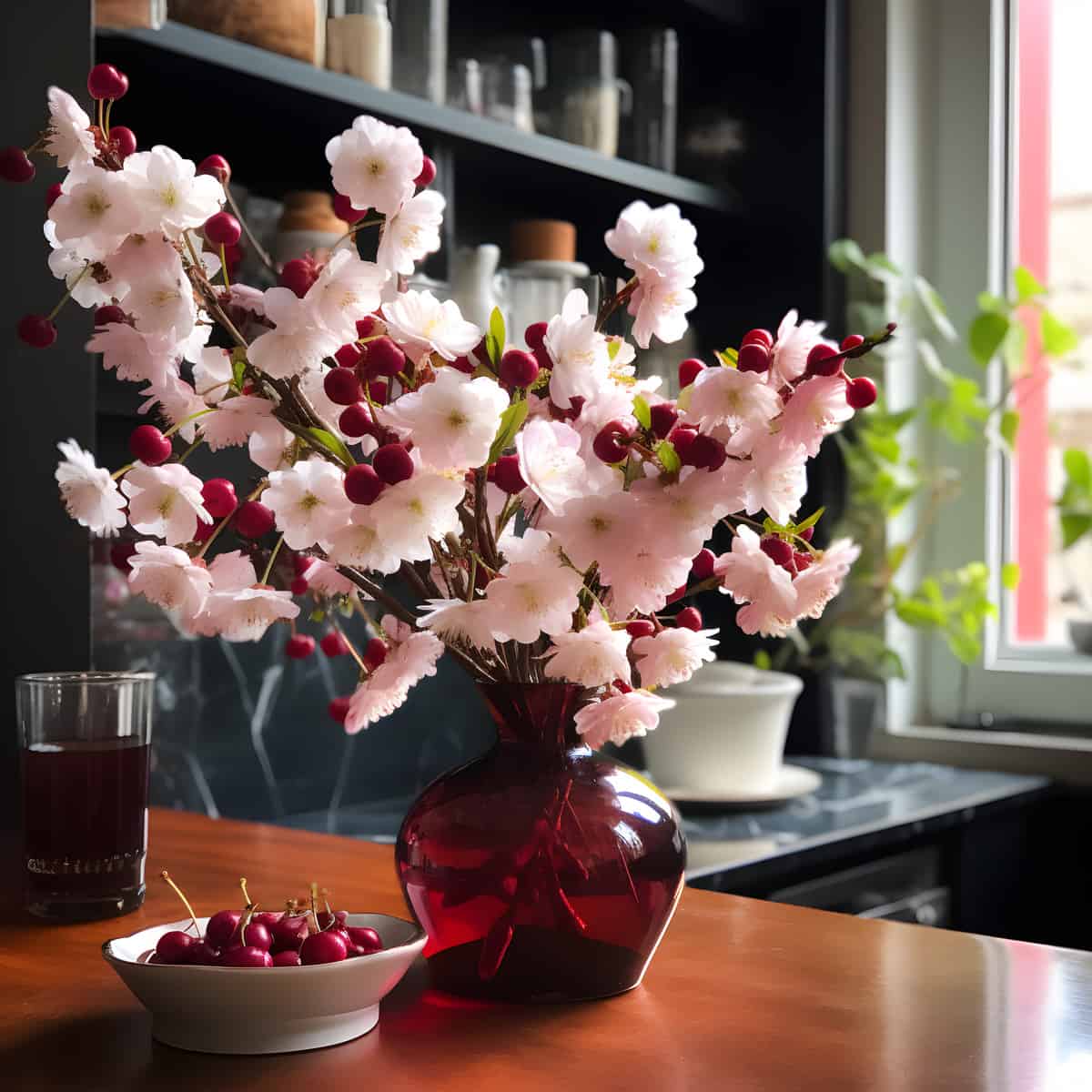 Prunus Bifrons on a kitchen counter