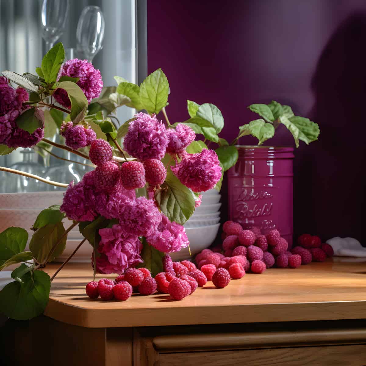 Purpleflowered Raspberry on a kitchen counter