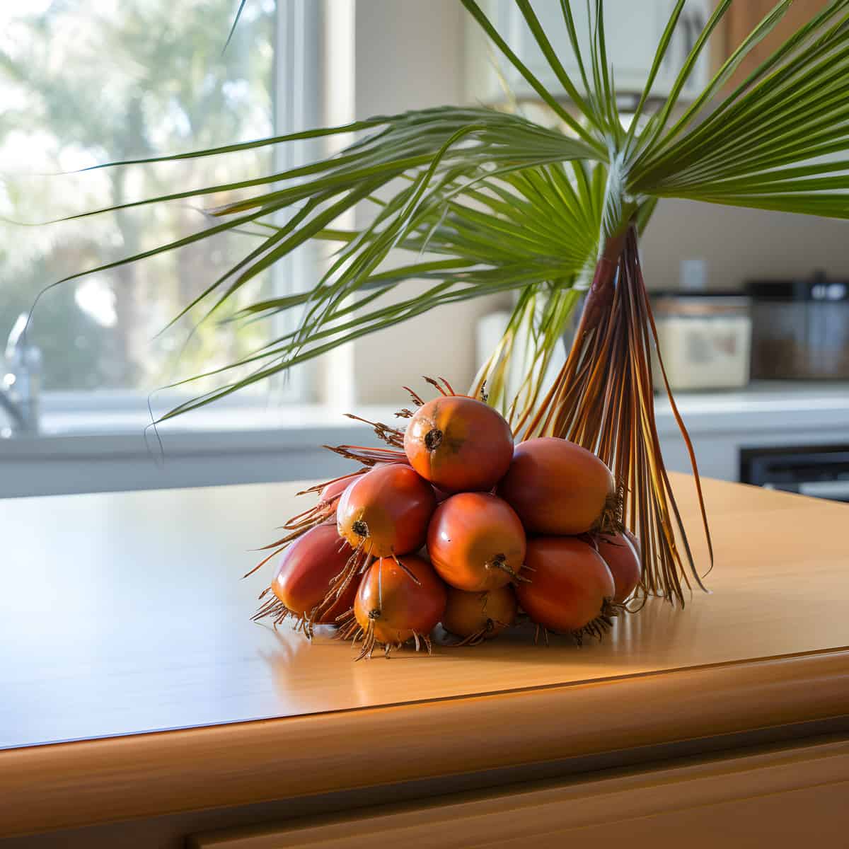 Queen Palm Fruit on a kitchen counter