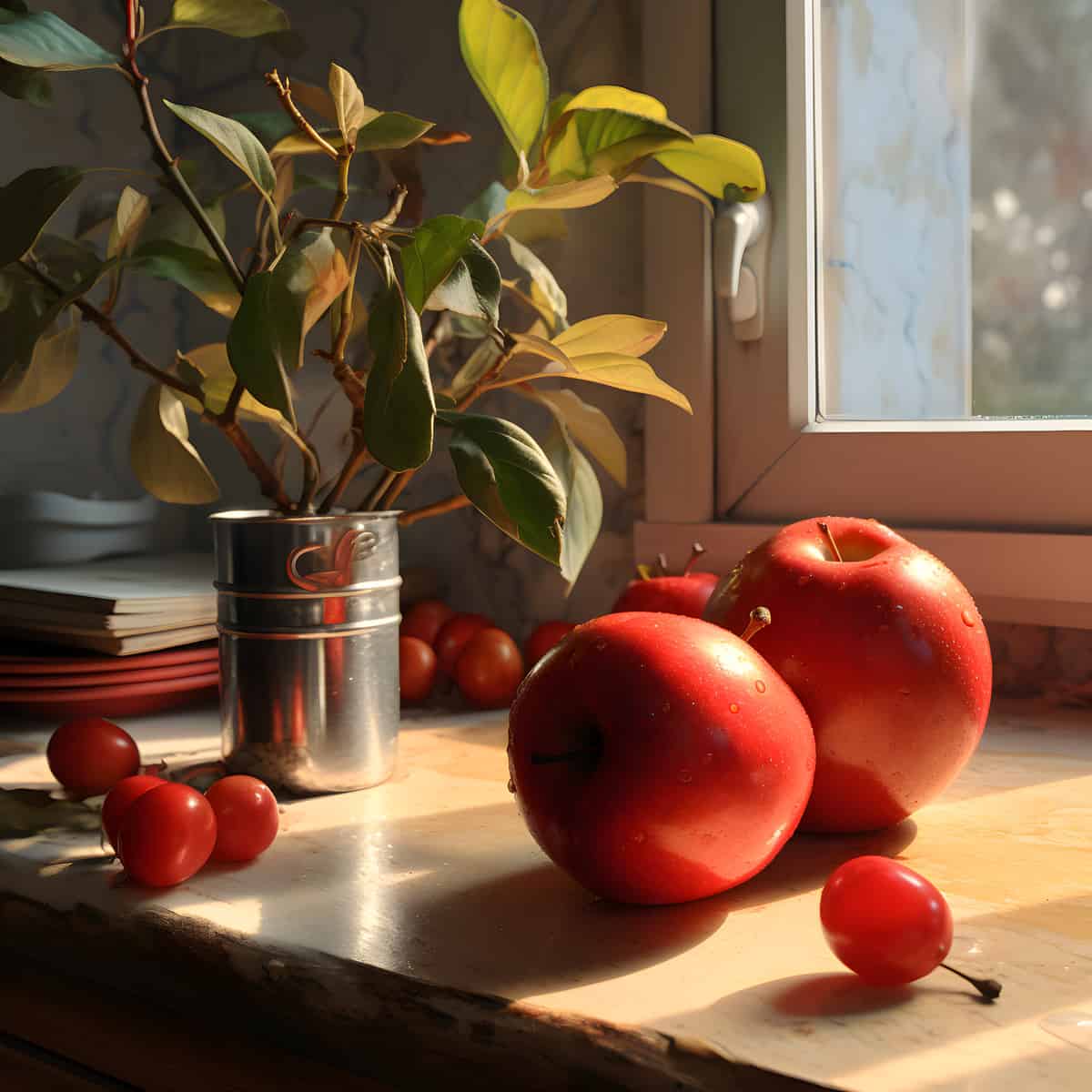 Red Bush Apple on a kitchen counter
